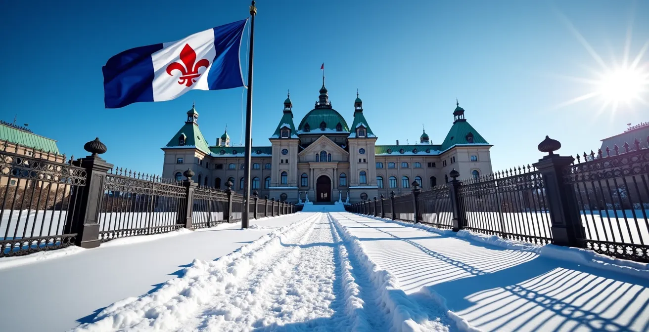 Vue majestueuse du Parlement de Québec avec le drapeau fleurdelisé flottant sous la neige hivernale