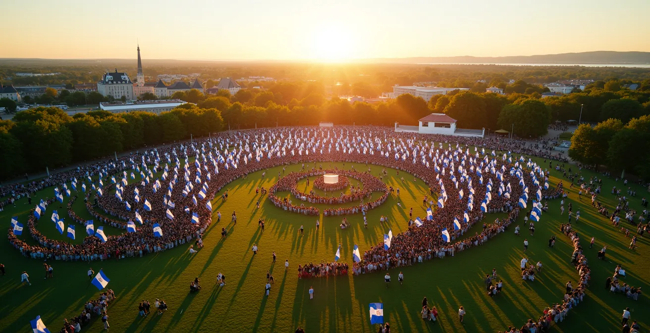 Vue aérienne des Plaines d'Abraham avec foule brandissant des drapeaux du Québec