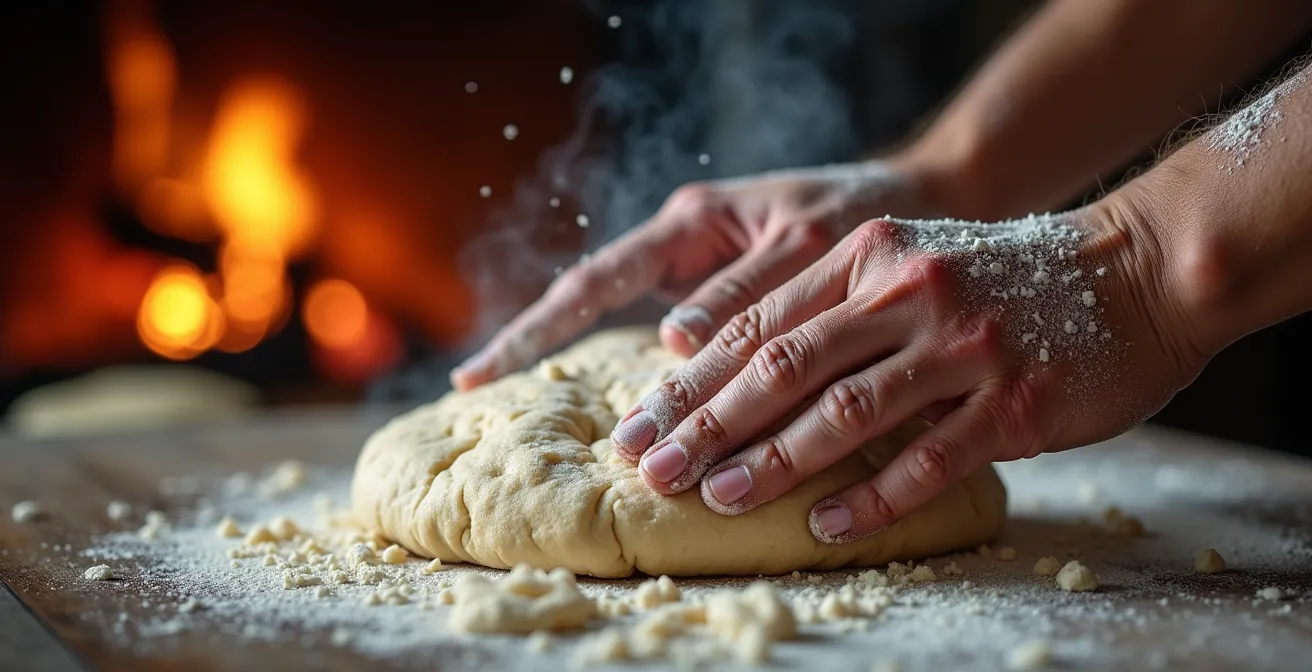Mains préparant le banique sur un feu de bois traditionnel, gros plan sur la texture de la pâte