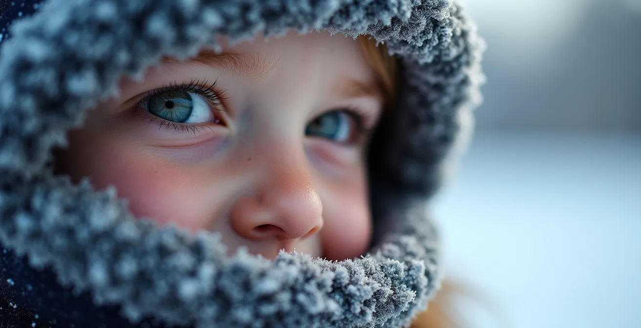 Gros plan sur le visage d'un enfant bien protégé du vent glacial par une cagoule en laine mérinos