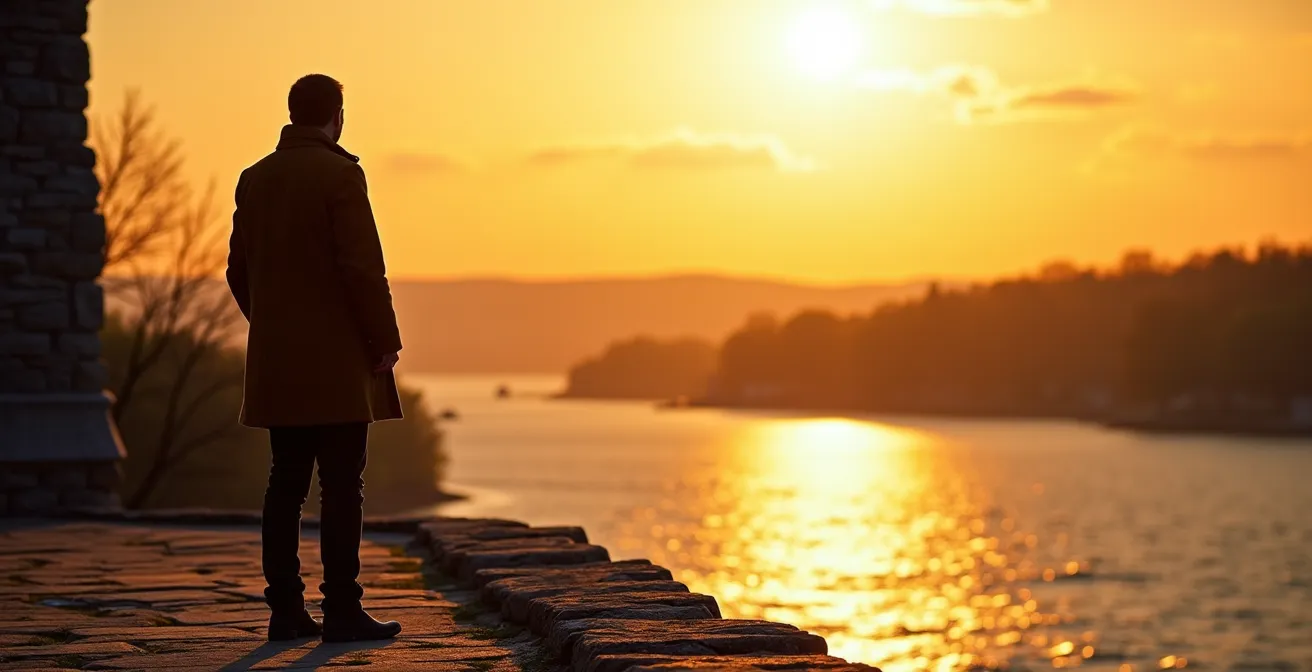 Vue depuis les remparts de Québec au coucher du soleil avec le fleuve Saint-Laurent en arrière-plan