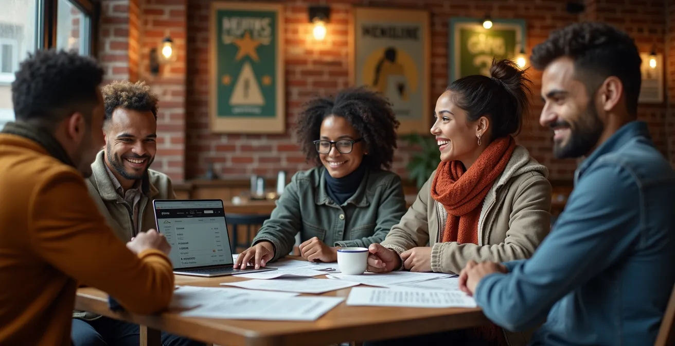 Groupe de locataires échangeant des informations dans un café typique du Mile End