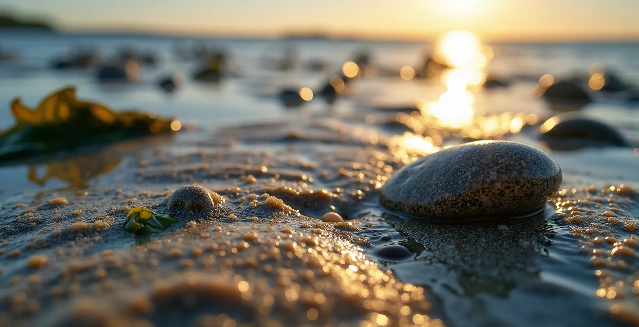 Vue macro des battures du Saint-Laurent à marée basse avec textures de sable et algues