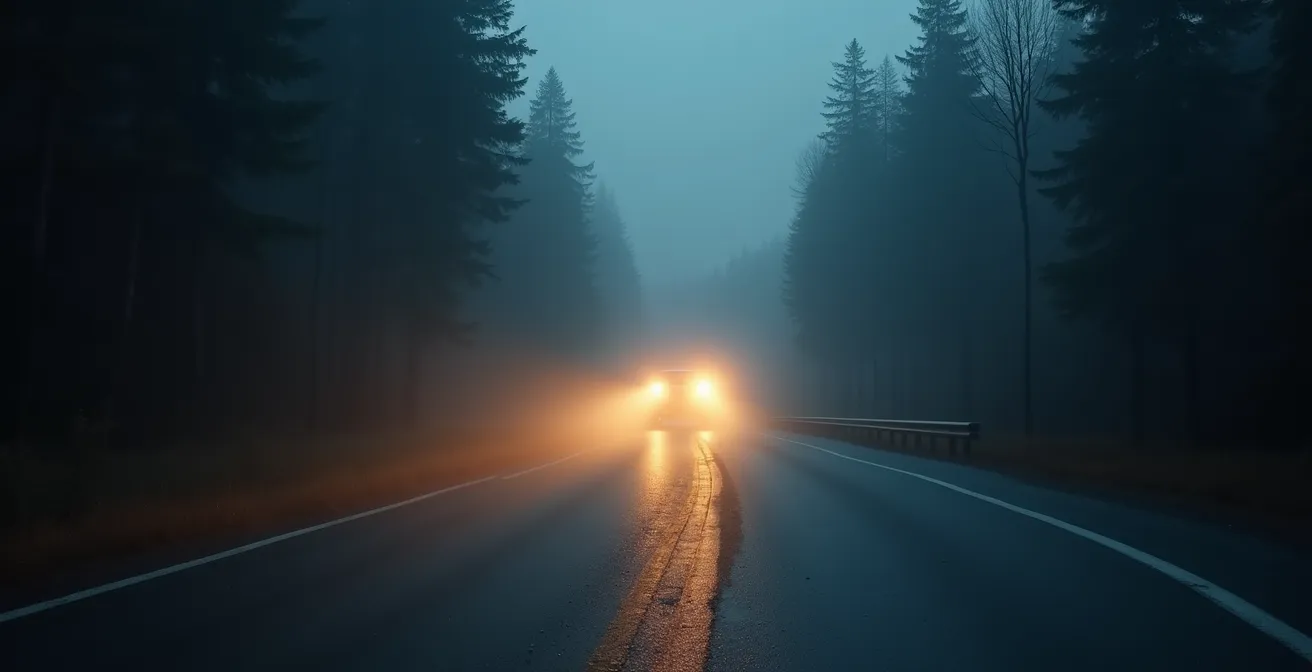 Route forestière québécoise dans la brume au crépuscule avec silhouette d'arbre