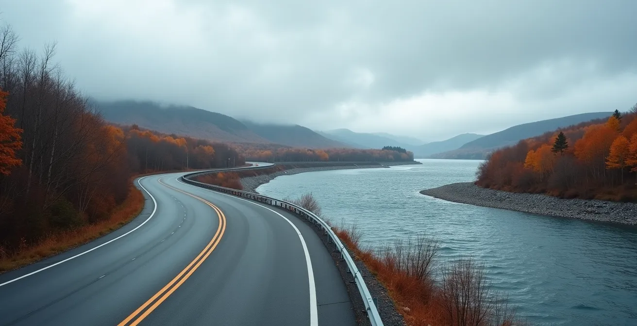 Route panoramique de Charlevoix longeant le fleuve Saint-Laurent sous un ciel gris de novembre
