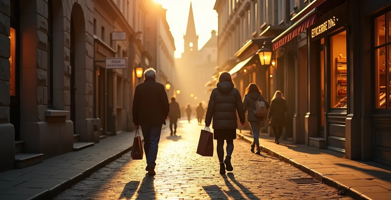 La rue Saint-Jean paisible au petit matin avec des résidents locaux faisant leurs courses quotidiennes