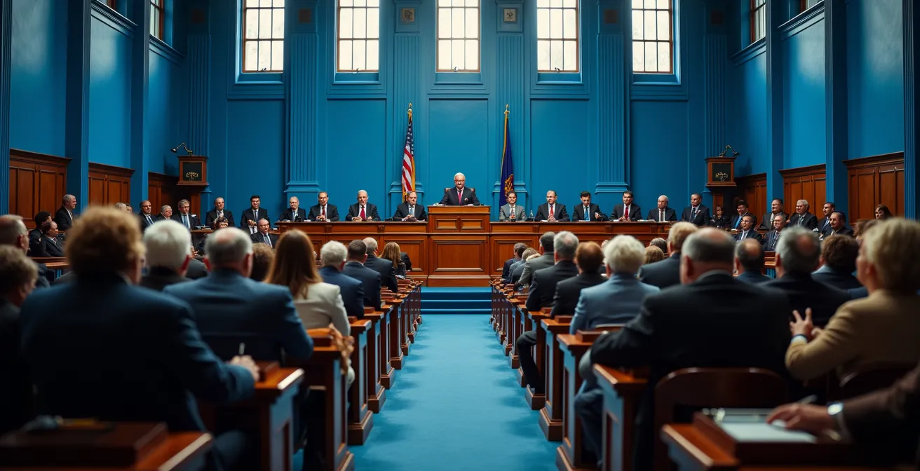 Vue intérieure du Salon bleu de l'Assemblée nationale du Québec pendant une séance parlementaire