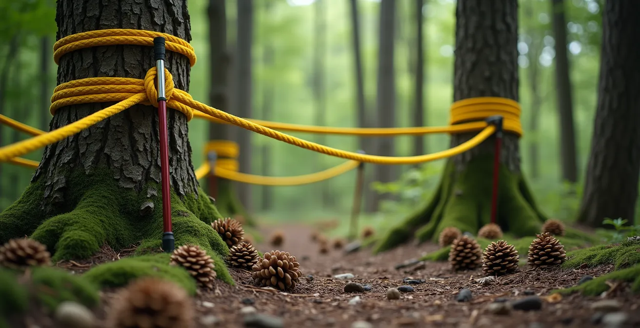 Schéma technique montrant les distances de sécurité pour suspendre un sac anti-ours