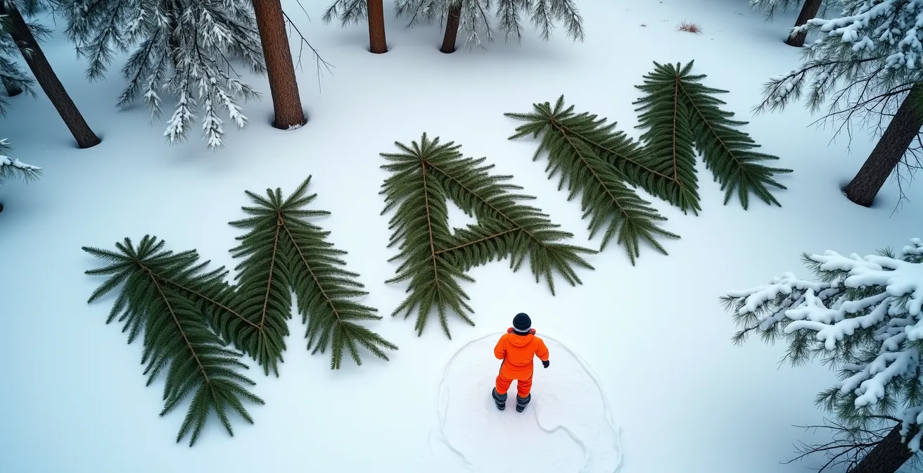 Signal de détresse SOS créé avec des branches sur sol enneigé visible du ciel