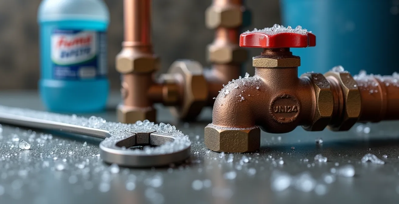 Gros plan sur des tuyaux de plomberie avec bouteille d'antigel et outils de vidange