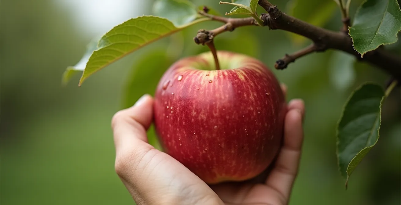 Main délicate soulevant une pomme rouge par rotation douce, détail sur le pédoncule et le bourgeon à fruit