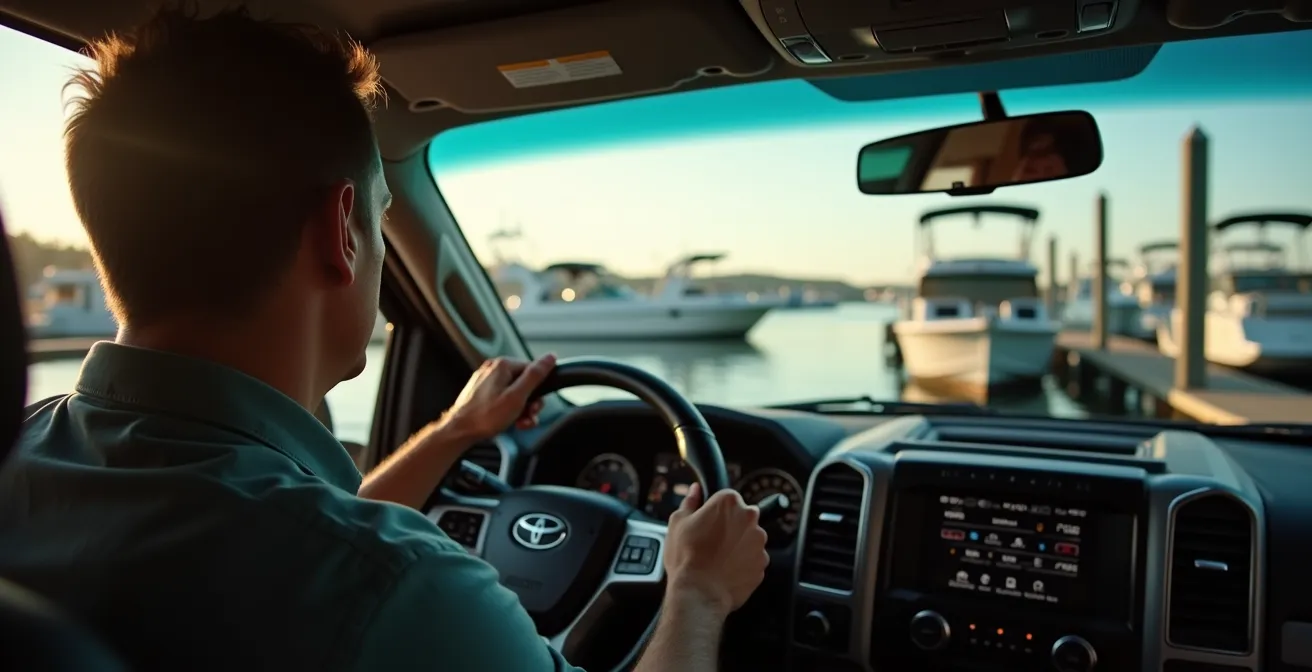 Vue arrière d'un véhicule alignant sa remorque sur une rampe de mise à l'eau au Québec