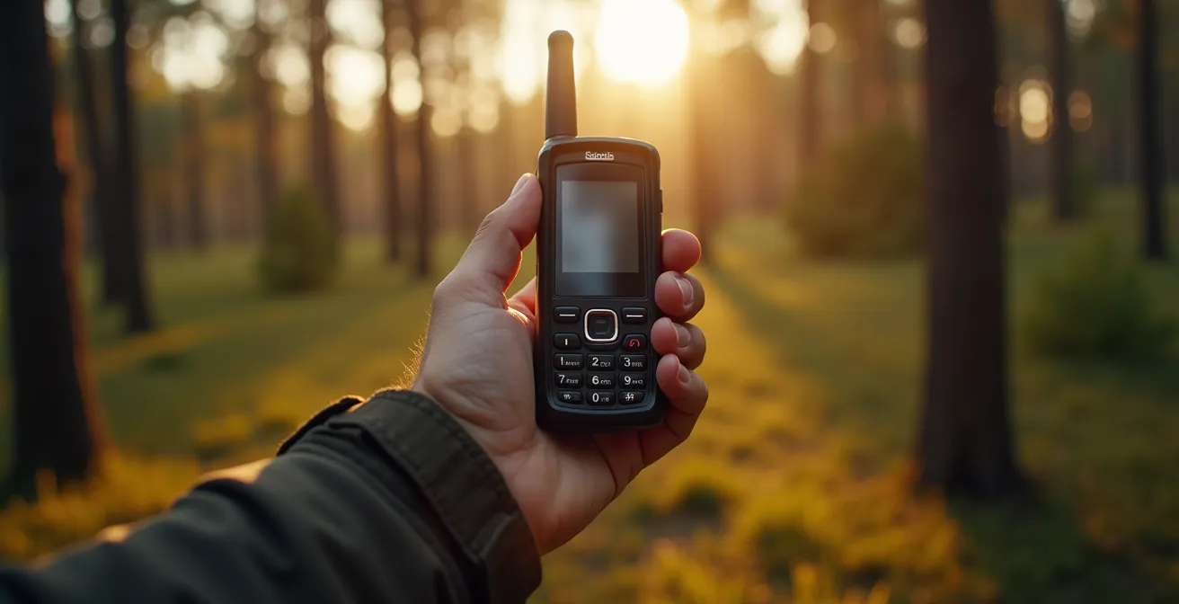 Main tenant un téléphone satellite Iridium pointé vers le ciel dans une clairière de forêt boréale