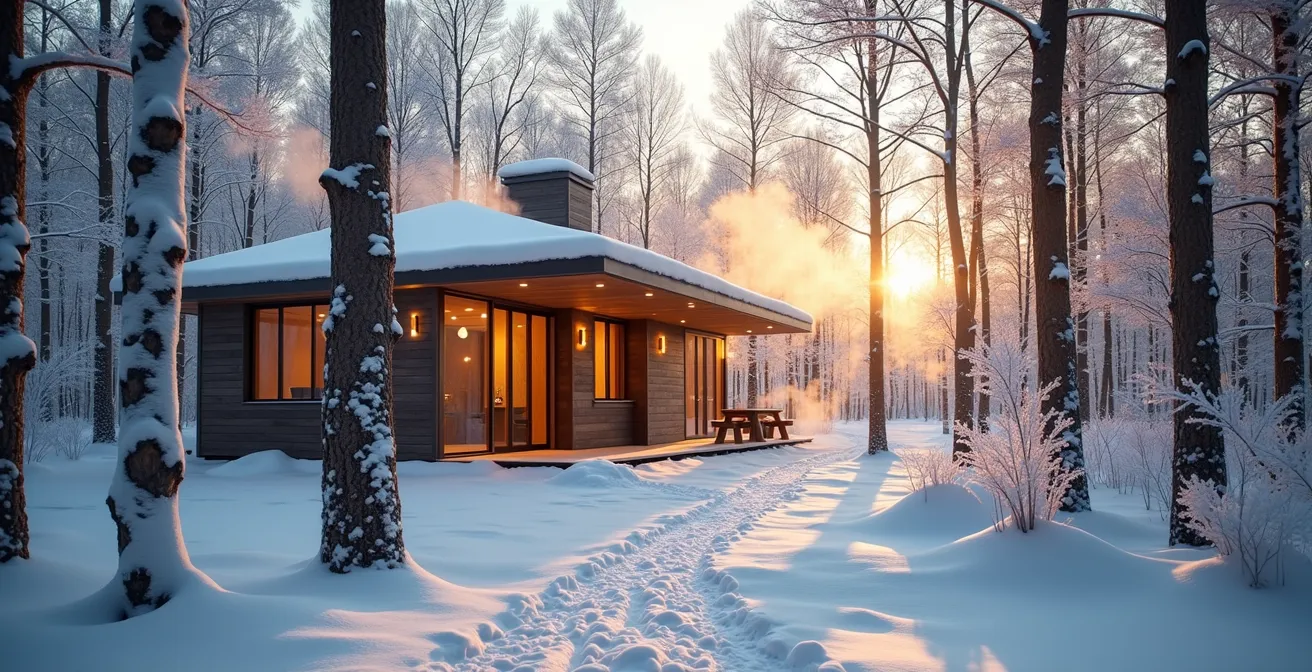 Vue large d'une cabane à sucre moderne avec érables enneigés et lumière dorée du soleil couchant