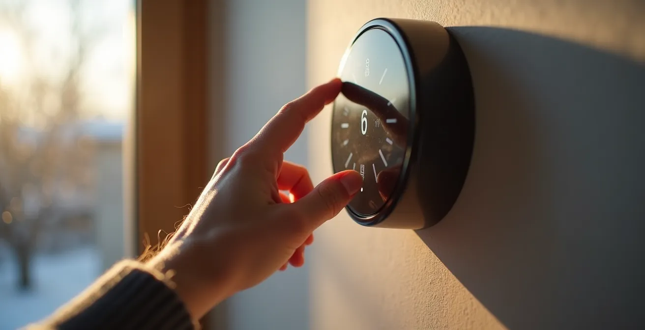 Main ajustant un thermostat intelligent avec affichage de température et graphique de programmation hebdomadaire