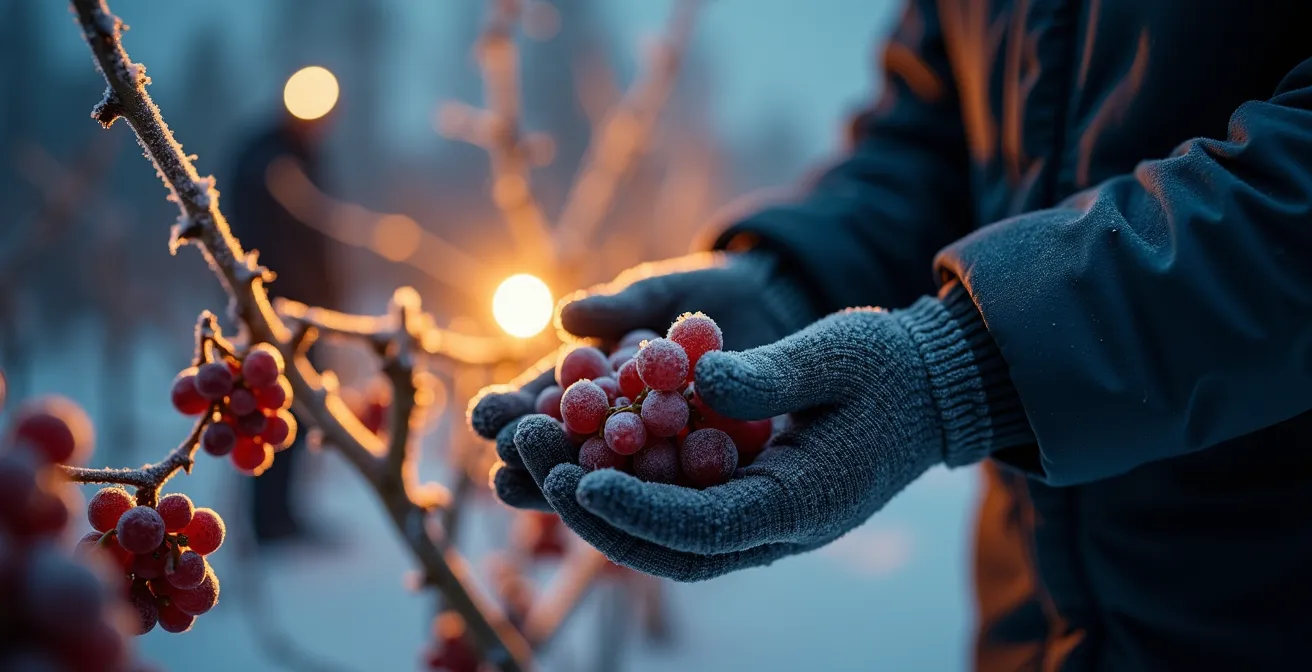 Vendangeurs récoltant des raisins gelés la nuit en hiver au Québec