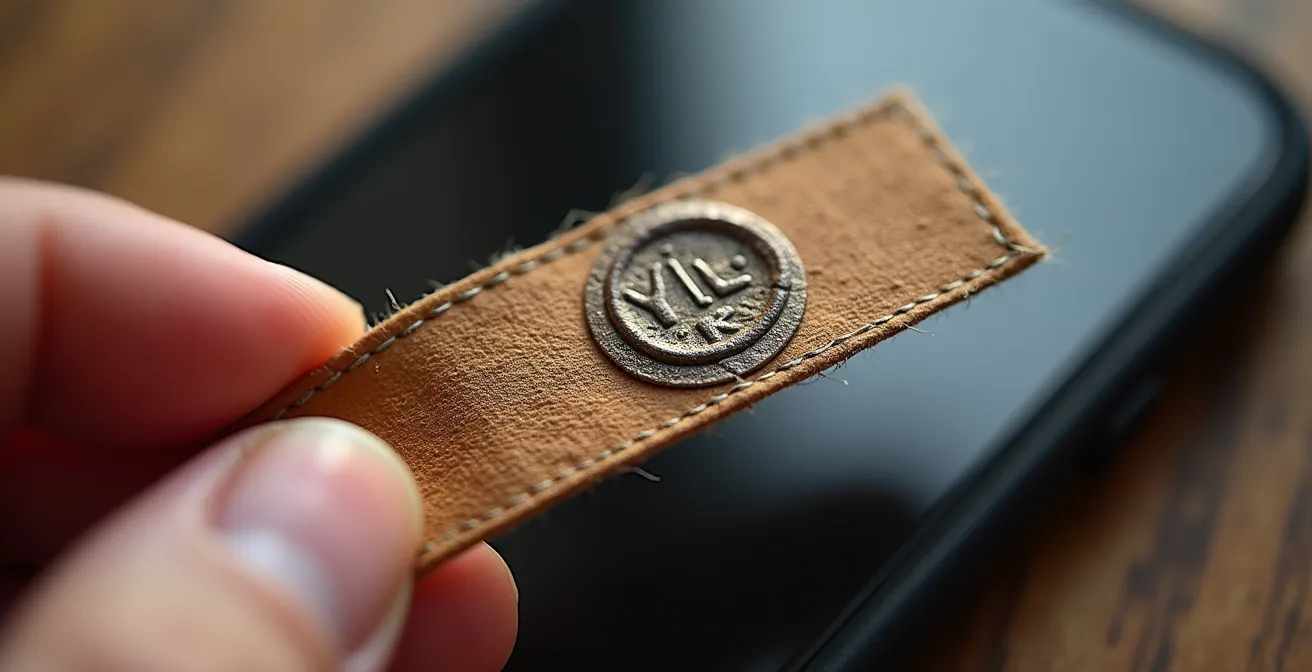 Main tenant une étiquette d'artisanat près d'un smartphone montrant un répertoire en ligne d'artisans québécois