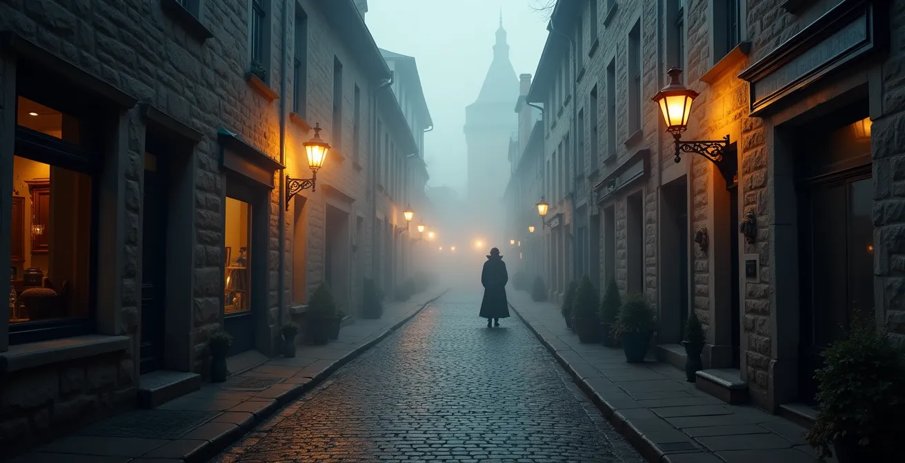 Ruelle pavée du Vieux-Québec dans la brume matinale avec architecture coloniale française