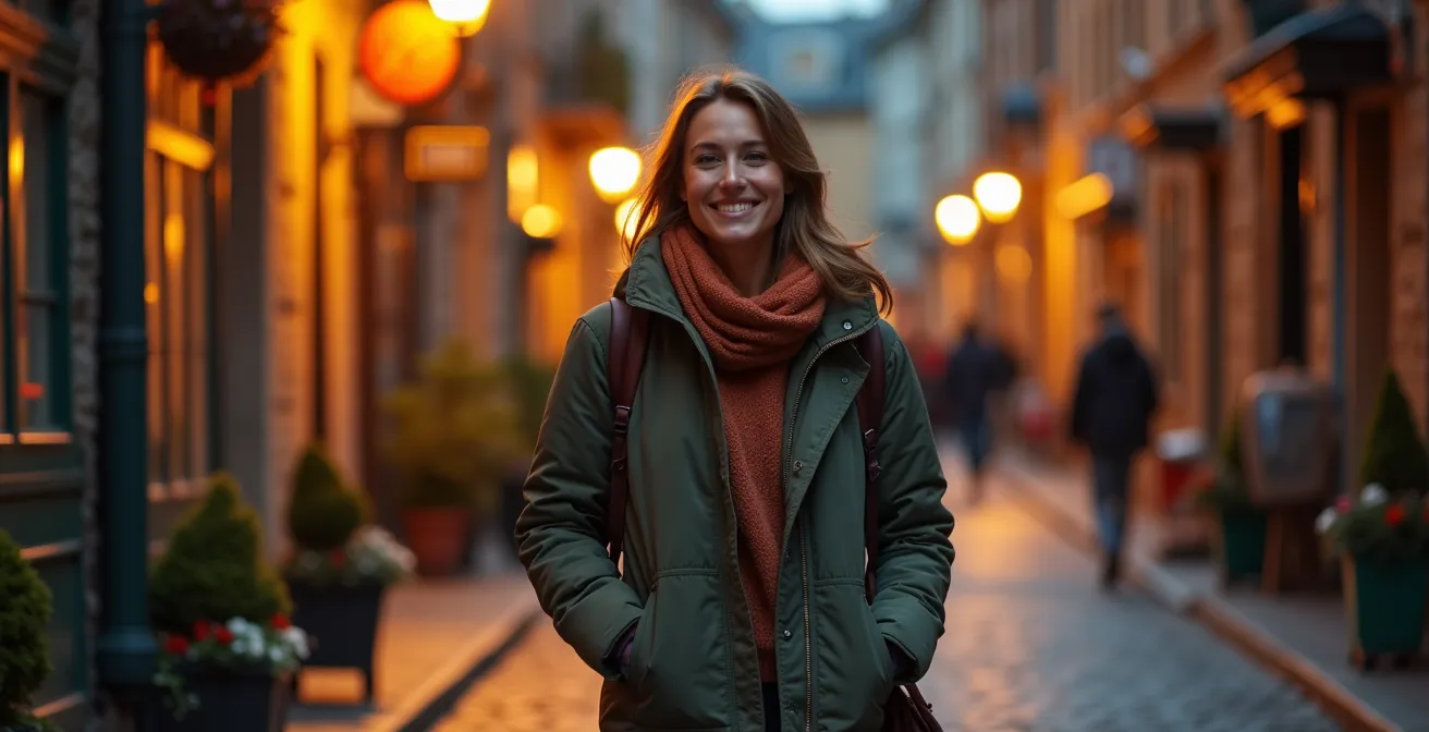 Voyageuse marchant seule le soir dans les rues éclairées du Vieux-Québec en toute sérénité